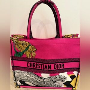 Christian Dior Jungle Pop Canvas Book Tote in Pink with Yellow & Green Accents